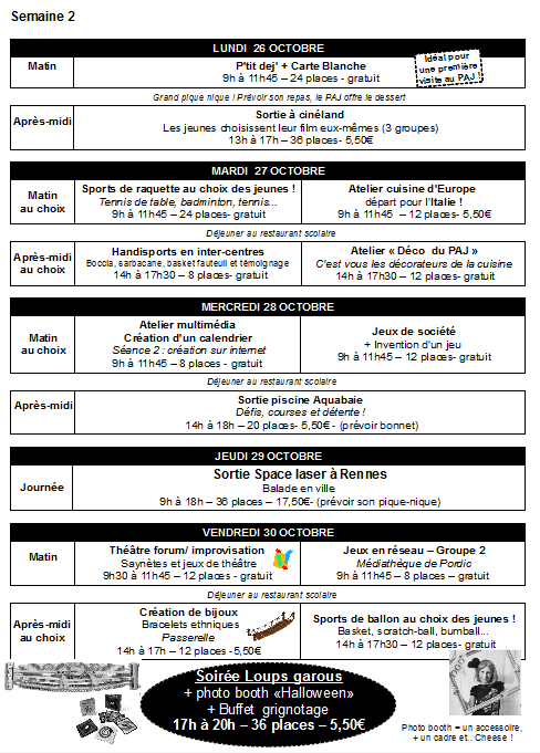 PAJ VACANCES OCTOBRE 2015 SEMAINE 2