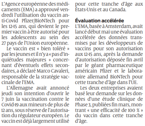 2021 05 30 SO Europe le vaccin Pfizer validé pour les 12-15 ans2