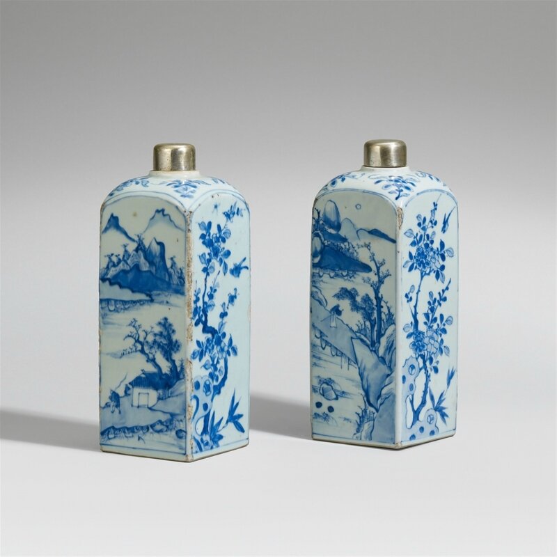 Two blue and white 'gin' bottles, Late Ming dynasty