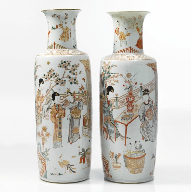 Two large Famille-Verte, Iron-red and Gilt Rouleau Vases