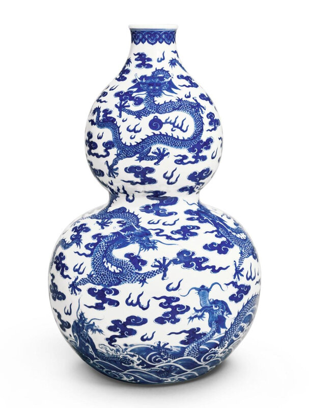 An extremely rare blue and white double-gourd 'dragon' vase,  Jiaqing seal mark and period