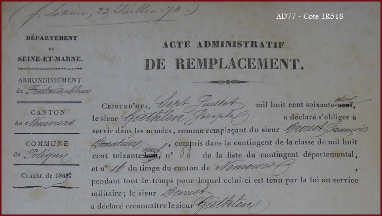 DROUET François Donatien - acte de remplacement