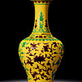A Rare Yellow Ground Green and Aubergine-Glazed Enamelled Vase, Seal Mark and Period of Qianlong