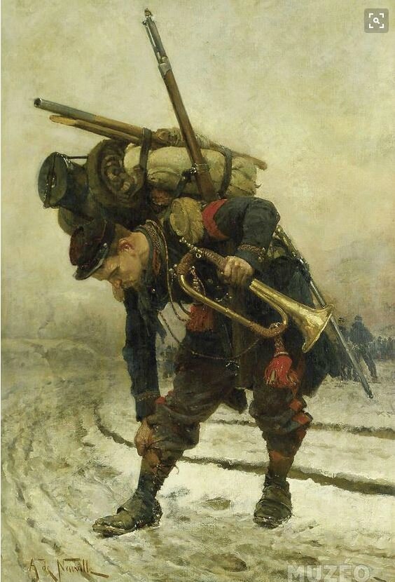De Neuville, Clairon d'infanterie de marine réajustant sa guêtre (1870)