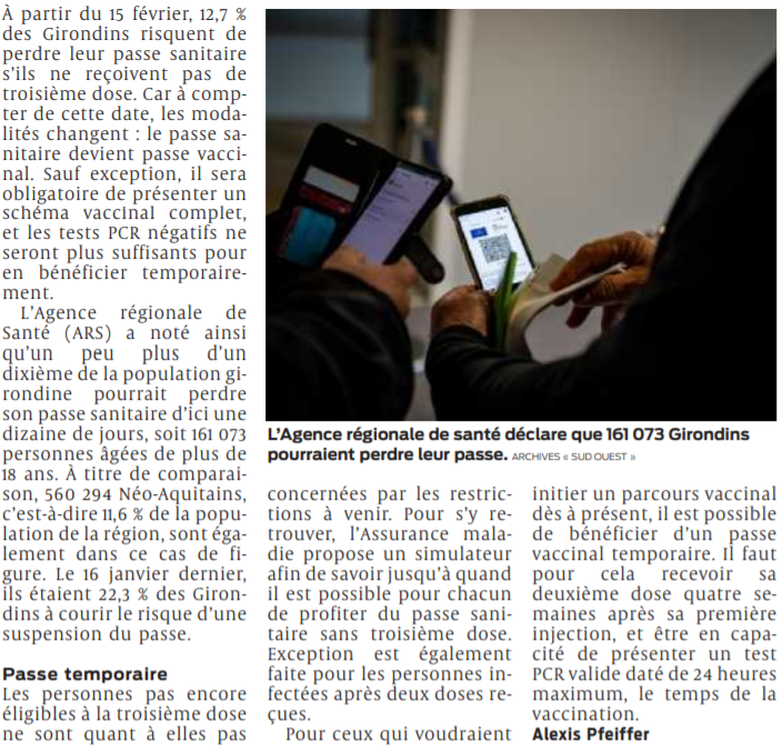 2022 02 06 SO Vaccination 12 7 pour cent des Girondins susceptibles de perdre leur passe sanitaire le 15 février2