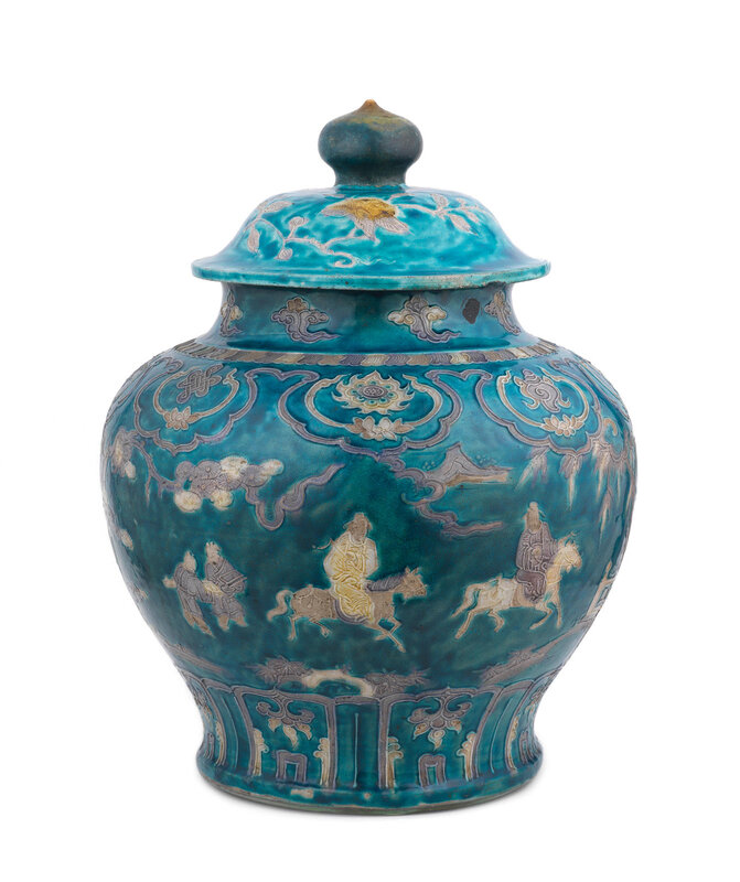 A rare and large 'fahua' 'Bajixiang and dignitaries' jar and cover, guan, First half of the 16th century