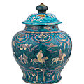 A rare and large '<b>Fahua</b>' 'Bajixiang and dignitaries' jar and cover, guan, First half of the 16th century
