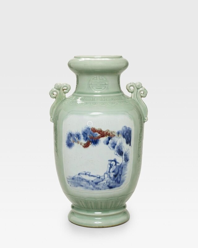 An underglaze blue and copper red-decorated celadon ovoid vase, 18th century