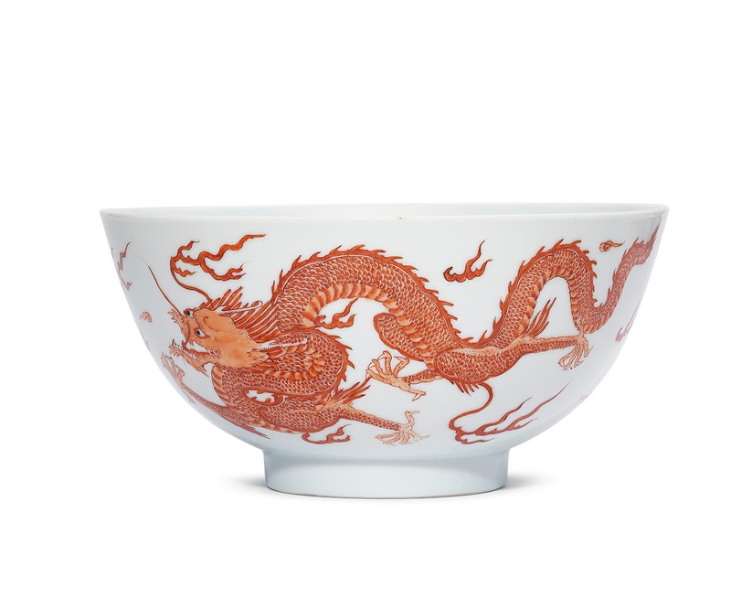 A rare Imperial iron-red enamelled 'dragon' bowl, Kangxi six-character mark and of the period (1662-1722)
