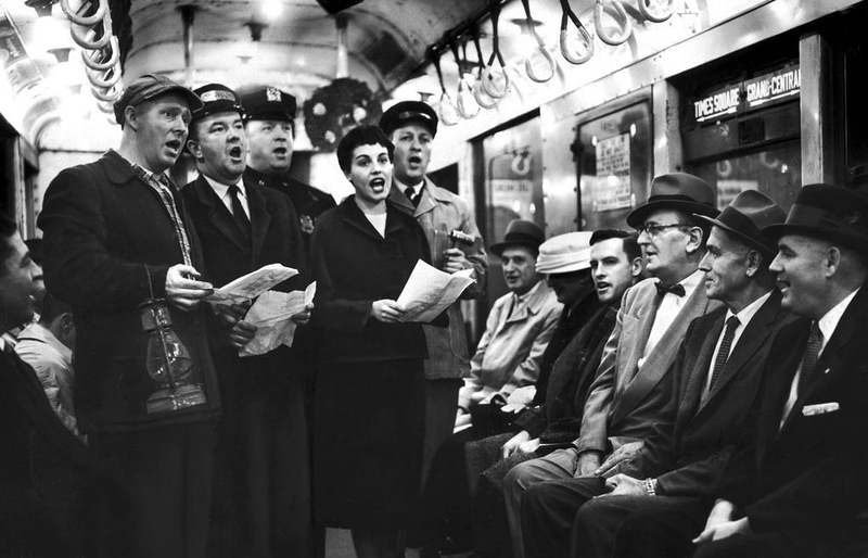 ransit workers form a quintet of carolers on a train in Grand Central Terminal, 1956
