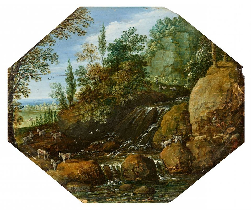Marten Ryckaert (1587 Antwerp - 1633 Antwerp), Three landscape pictures with figures and animals. Oil on wood (two with token of the city of Antwerp). Each 24 x 29 cm (octagonal). Monogrammed and dated lower left: MR 1624, 1626 MR, M.Rykaerts 1624