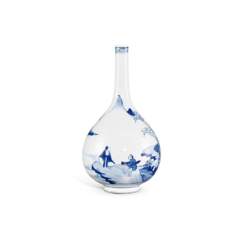 A small blue and white 'landscape' bottle vase, Late Ming - early Qing dynasty