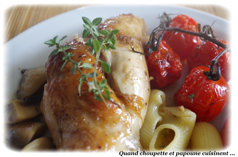 lapin au thym frais et champignons, tomates confites au four-462