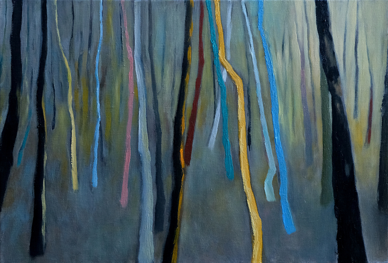 la danse des arbres au matin, huile sur toile, 55 x 38 cm, sept 2018