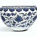 A rare blue and white 'Lotus' <b>alms</b> <b>bowl</b>, Qing dynasty, Qianlong period