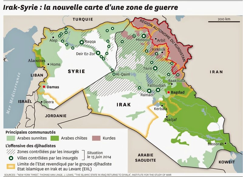 Syrie-Irak, répartition ethnique et influence de l'Etat islamique en Irak et au Levant