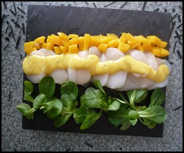 SAINT-JACQUES A LA MANGUE recettes plats Pétoncles sur émulsion tiède au jus de lime et gingembre