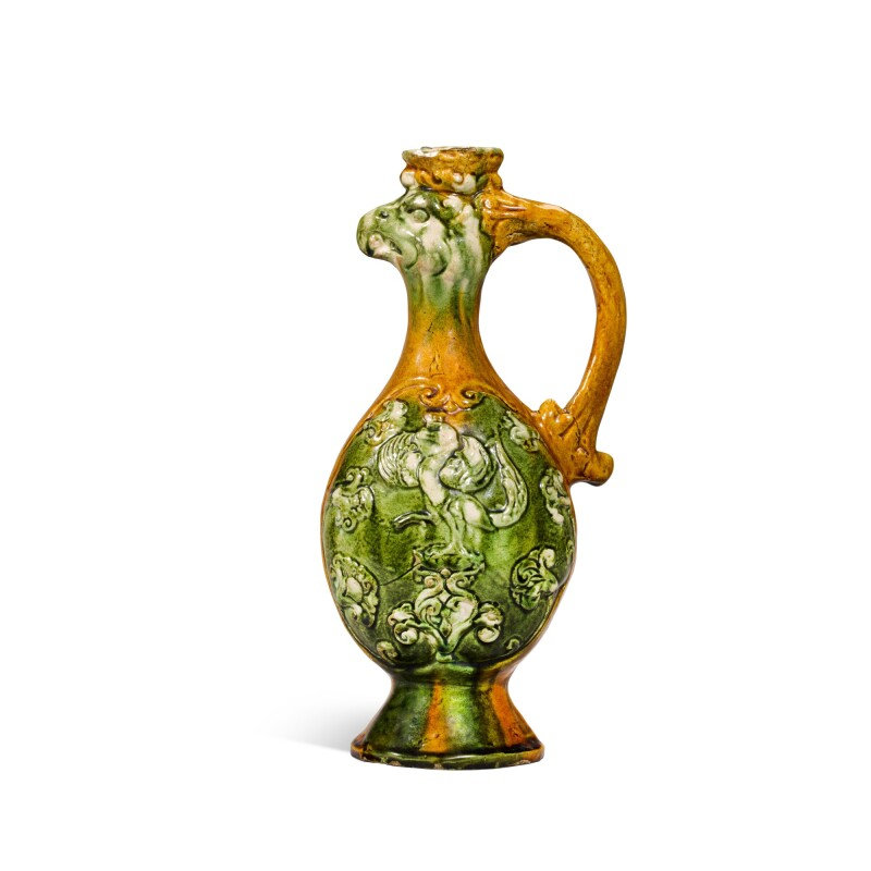 A sancai-glazed 'phoenix and equestrian' ewer, Tang dynasty