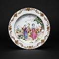 Chinese export porcelain <b>european</b> <b>subject</b> famille rose dinner plate, English or French Market, Qianlong period, circa 1750