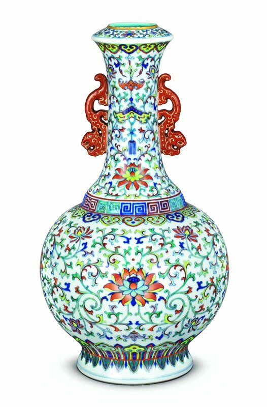 A fine doucai “lotus” vase with kuilong-shaped handles, Qianlong mark and period (1736-1795)