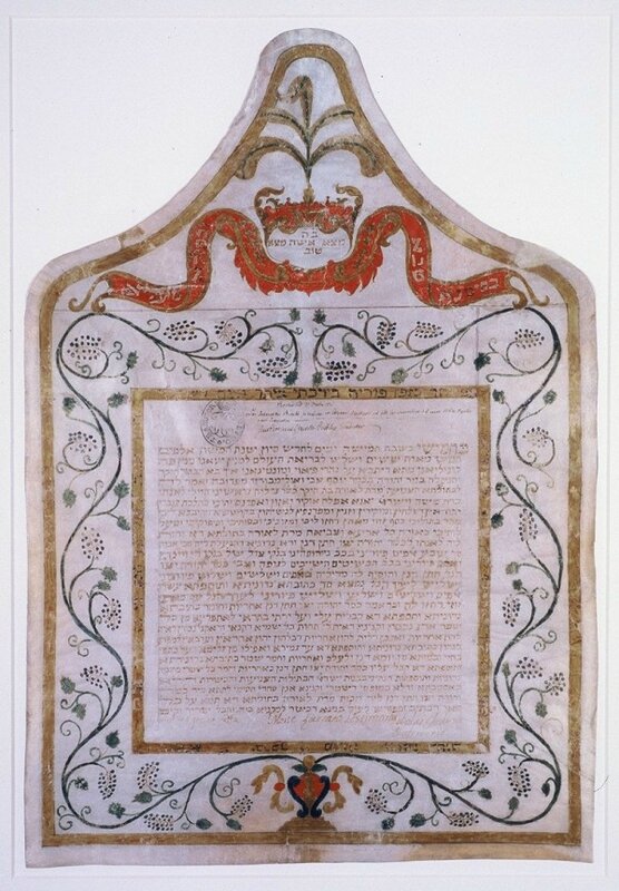 Contrat de mariage, Ketoubbah, Conegliano Vénétie Italie, 1803 – gouache et écriture manuscrite à l'encre sur parchemin