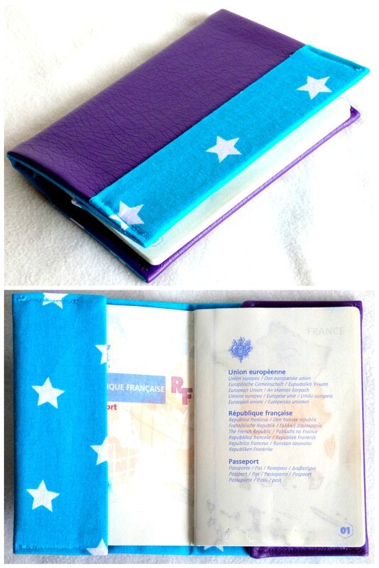 protège-passeport simili violet et turquoise étoilé
