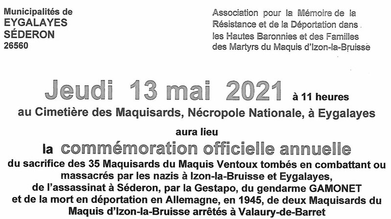 Cérémonie officielle des martyrs du Maquis Ventoux à Izon-la-Bruisse, 13 mai 2021