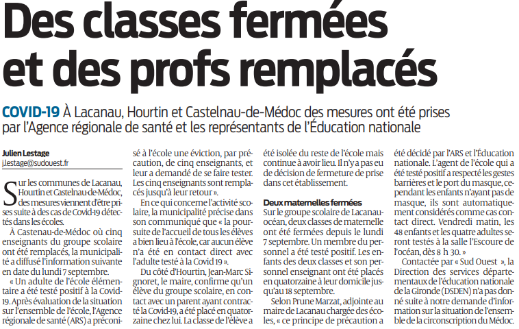 2020 09 10 SO Des classes fermées et des profs remplacés