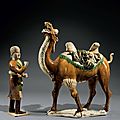 A magnificent sancai-glazed pottery figure of a Bactrian camel and a foreign groom, <b>Tang</b> <b>dynasty</b> (<b>AD</b> <b>618</b>-<b>907</b>)