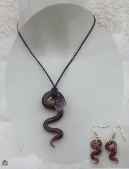 Parure Cya Pendentif Serpent + Boucles d'Oreilles Améthyst Verre Soufflé Style Murano