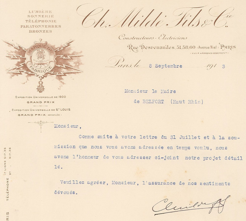 1913 09 08 Salle des Fêtes Entreprise Mildé courrier à Maire