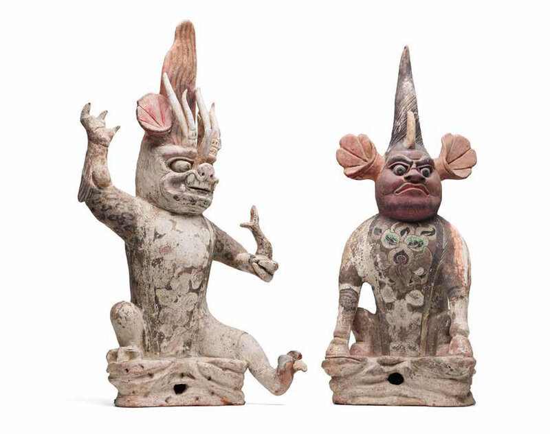 A pair of painted pottery figures of earth spirits, Zhenmu Shou, Tang dynasty