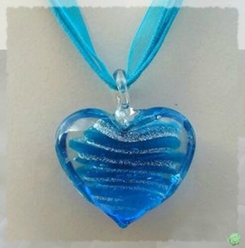 Pendentif Coeur Doha Bleu Turquoise et Argent en Verre Soufflé Style Murano