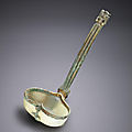 A rare pale green jade and gilt-bronze <b>ladle</b>, Warring States Period-Han Dynasty