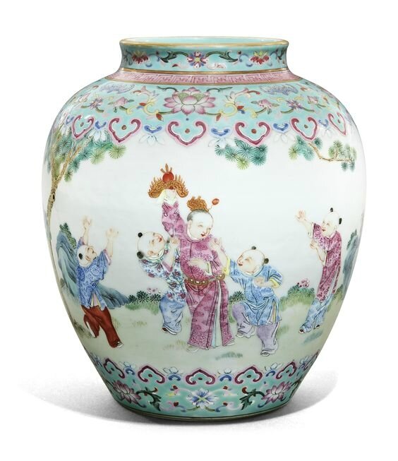 A turquoise-ground famille-rose 'Boys' jar, Daoguang seal mark and period (1821-1850)