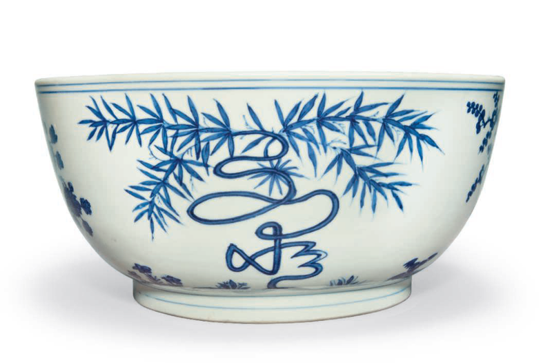 A large blue and white 'Auspicious characters' bowl, Wanli six-character mark in underglaze blue within a double circle and of the period (1573-1619)