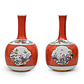 An extremely rare pair of Meissen red-ground <b>bottle</b> <b>vases</b>, circa 1735