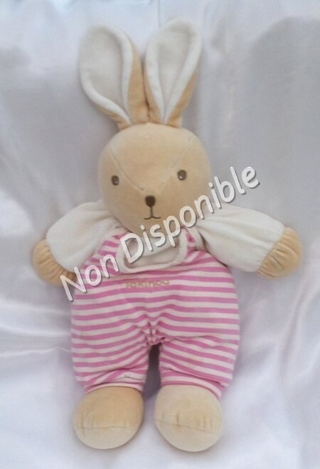 Doudou Peluche Lapin Salopette Beige Rayures Rose Et BlancTakinou