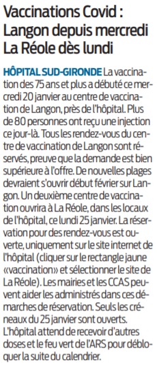 2021 01 22 SO Vaccinations Covid Langon depuis mercredi La Réole dès lundi