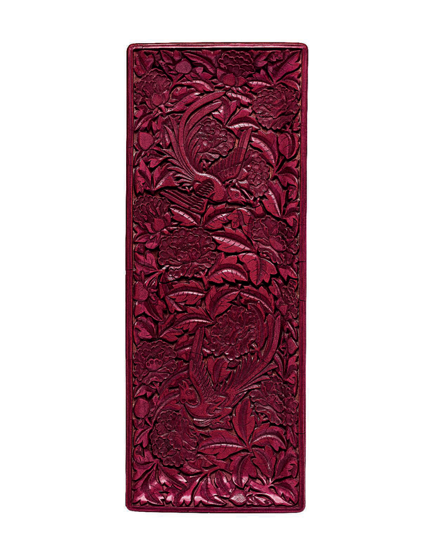 A superb and extremely rare carved red lacquer rectangular tray, Yuan dynasty, first half 14th century