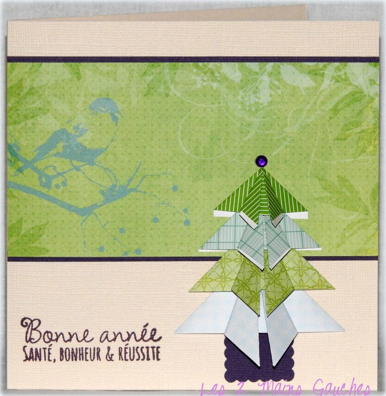 carte de voeux vert et violet avec sapin en origami