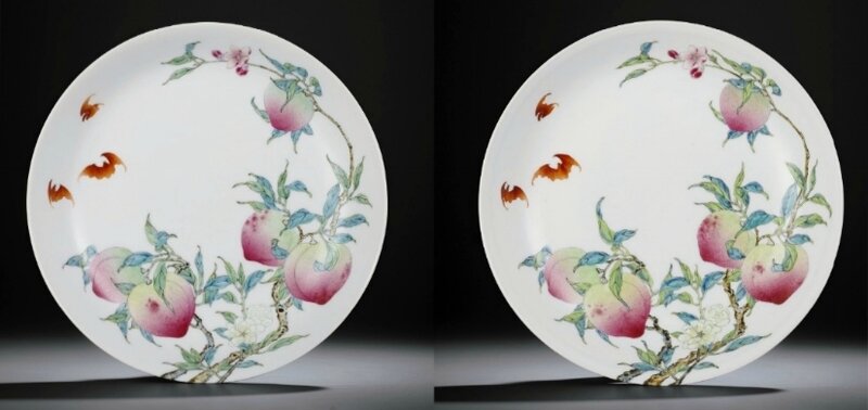 A magnificent and fine pair of Imperial famille rose peach dishes, Yongzheng six-character marks within double squares and of the period (1723-1735)