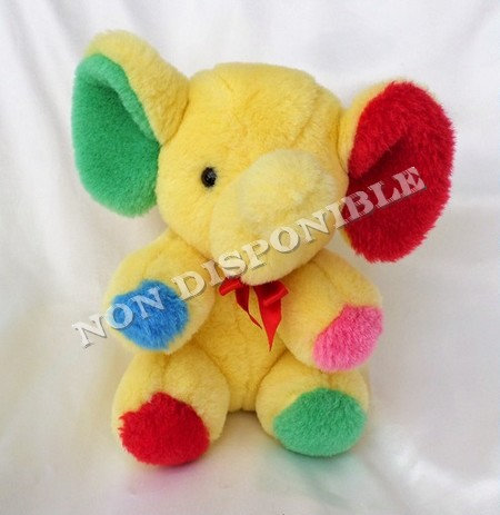 Doudou Peluche Eléphant Jaune Oreilles Rouge Vert Pattes Rose Vert Bleu Noeud Rouge Vintage