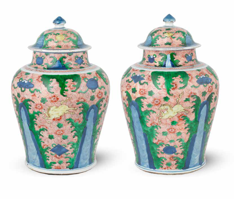 A pair of wucai 'galloping horse' jars and covers, Shunzhi (1644-1661)