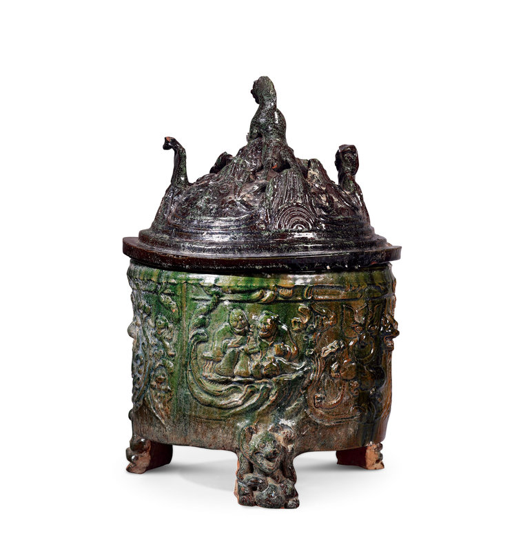 A green-glazed incense burner and cover, boshanlu, Han Dynasty (246 B