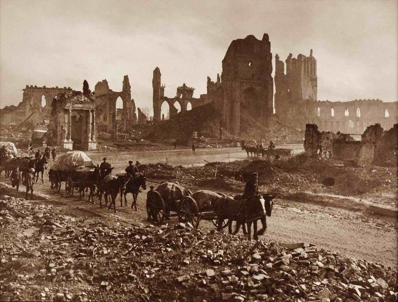 The ruins of the Cloth Hall, Cathedral, and Bishop's Palace, Ypres