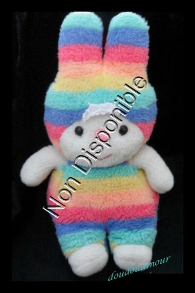 Doudou Peluche Lapin Ajena Rayé Pastel Arc En Ciel Multicolore Bleu Jaune Vert Rose Nez Rose Vintage