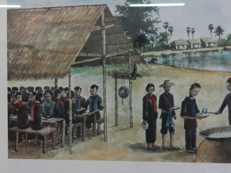 Dessin illustrant un repas communautaire sous le régime Khmers Rouges