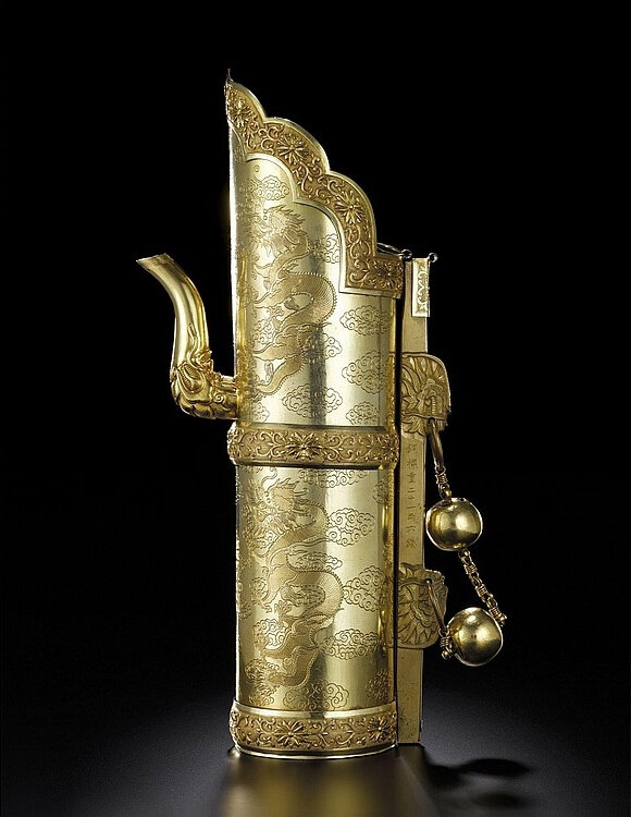 A rare dated Tibetan-style gold 'marriage' ewer and cover, Guangxu mark and period, dated 1888
