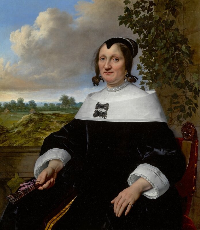 Bartholomeus van der Helst, Portrait of a Lady, Probably Hester Du Pire, Seated Before a Balustrade, Holding a Fan, with a View Out to the Sea Beyond, 1655